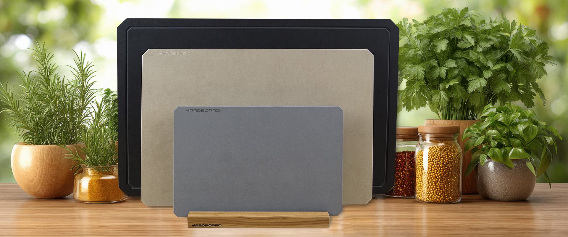 HARDBOARD-Set auf Küchentisch, bestehend aus 3 Schneidebrettern aus Paperstone