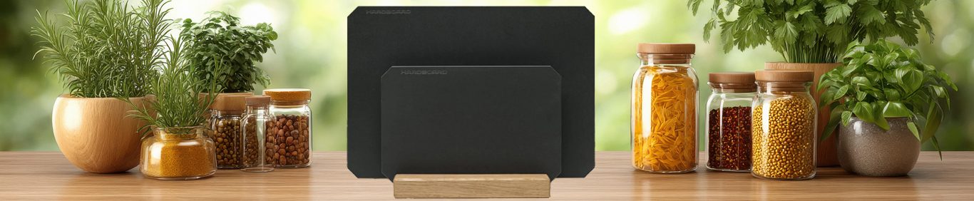Drei HARDBOARD Schneidebretter aus Paperstone in Schwarz, stilvoll präsentiert mit Küchenkräutern.